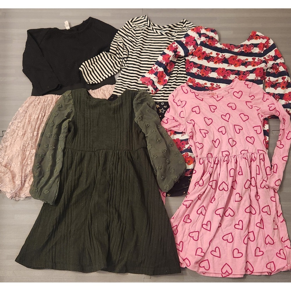 Lot of 5 Girls Long Sleeve Dresses Size 10/12 Pink Heart Lace Floral Striped
